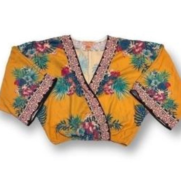 Flying Tomato Cropped Blouse Oversized 3/4 Sleeves V-Neck Wrap Top Size Small - Picture 3 of 9